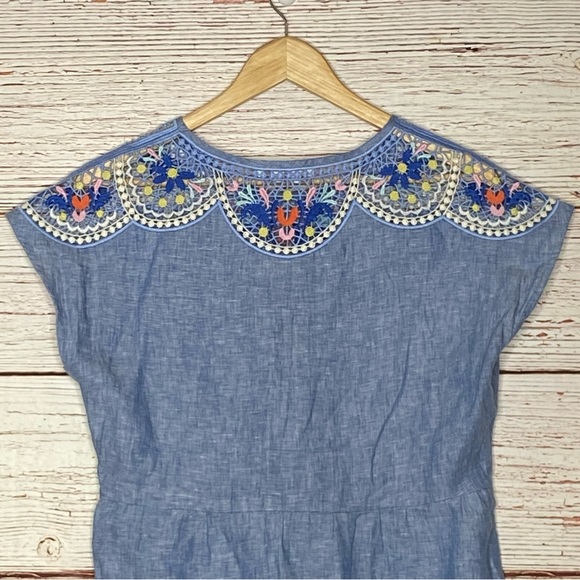 Boden Fleur Embroidered Linen Dress in Gray Blue Chambray Sz 6 - Picture 12 of 14